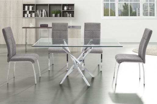 juego de comedor con mesa de cristal y sillas grises