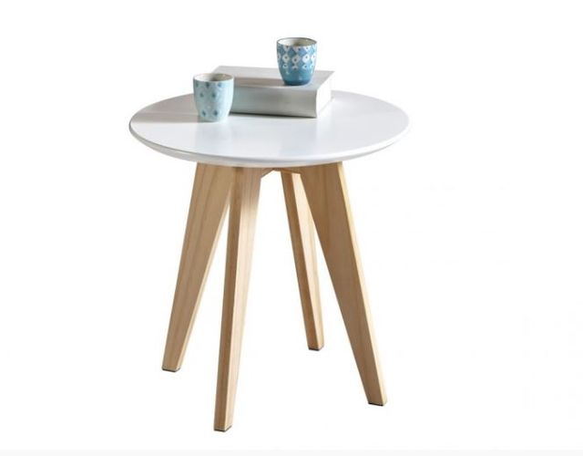 mesa de centro blanca redonda pequeña patas de madera