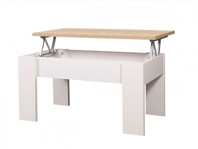 mesa de centro de madera clara con patas blancas