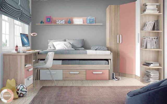 dormitorio juvenil completo, con armario y cama nido, mesa de estudios